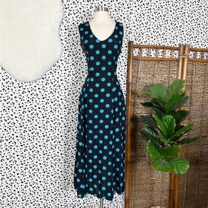 Vintage | She Cut Out Back Black Teal Blue Polka Dot Midi Dress 36 6